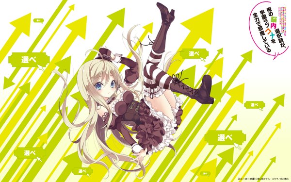Anime picture 1680x1050 with noucome chocolat (noucome) single long hair blue eyes blonde hair wide image full body girl thighhighs dress hat detached sleeves boots frills striped thighhighs