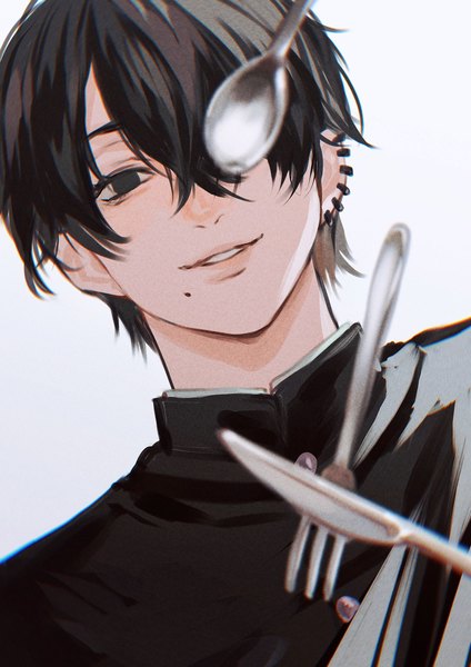 Anime picture 1723x2436 with chainsaw man mappa yoshida hirofumi cynic0 single tall image looking at viewer fringe highres short hair black hair hair between eyes upper body light smile black eyes mole piercing ear piercing mole under mouth covering eye (eyes)