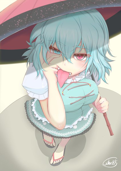 Anime picture 2481x3508 with touhou tatara kogasa cube85 single tall image looking at viewer fringe highres breasts hair between eyes red eyes large breasts signed aqua eyes from above aqua hair short sleeves fang (fangs) puffy sleeves heterochromia