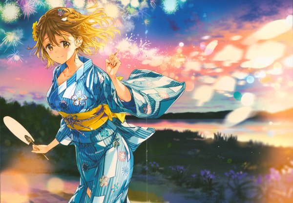 Anime-Bild 8554x5936 mit masamune-kun no revenge silver link koiwai yoshino tiv single looking at viewer blush fringe highres short hair smile hair between eyes brown hair holding brown eyes absurdres sky cloud (clouds) outdoors traditional clothes