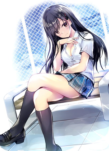 Anime picture 1082x1500 with original kobayashi chisato single long hair tall image looking at viewer blush fringe breasts light erotic black hair sitting brown eyes head tilt crossed legs plaid skirt partially open clothes girl skirt uniform