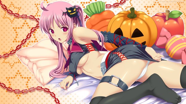 Anime picture 1920x1080 with tropical kiss hinata hanabi koutaro single blush highres breasts light erotic red eyes wide image pink hair girl thighhighs underwear panties black thighhighs chain vegetables pumpkin