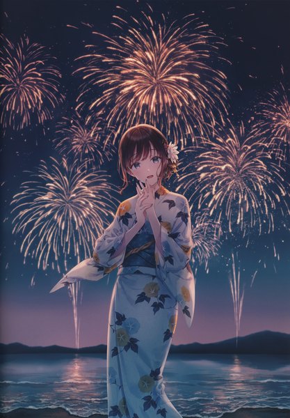 Anime picture 3237x4653 with original hiten (hitenkei) single tall image looking at viewer blush fringe highres short hair open mouth brown hair absurdres outdoors blunt bangs nail polish traditional clothes :d japanese clothes hair flower fingernails