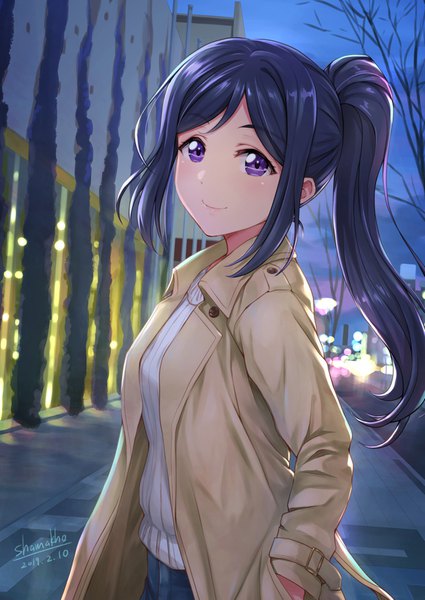 Anime picture 1229x1735 with love live! sunshine!! sunrise (studio) love live! matsuura kanan shamakho single long hair tall image looking at viewer smile purple eyes signed payot blue hair upper body outdoors ponytail dated evening hand in pocket
