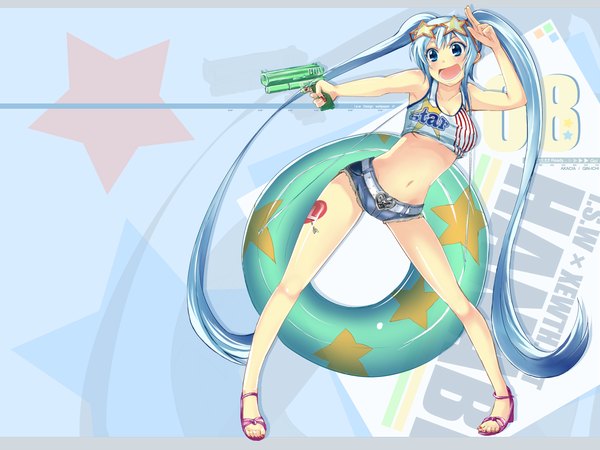 Anime picture 1600x1200 with vocaloid hatsune miku gin'ichi (akacia) single blush open mouth blue eyes twintails blue hair looking away very long hair bare belly tattoo wallpaper outstretched arm star print girl navel shorts star (symbol)