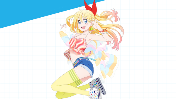 Anime picture 1920x1080 with nisekoi shaft (studio) kirisaki chitoge ssjraging single long hair blush highres open mouth blue eyes blonde hair smile wide image pink hair nail polish multicolored hair two-tone hair bare belly armpit (armpits) midriff