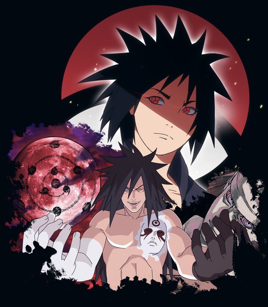 Anime picture 1600x1833 with naruto studio pierrot naruto (series) uchiha madara shiroshikun666 single long hair tall image short hair open mouth black hair simple background smile one eye closed black background shaded face muscle third-party edit spiked hair abs