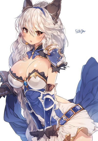 Anime picture 700x1000 with original sorolp single tall image looking at viewer blush fringe breasts open mouth light erotic simple background large breasts white background brown eyes signed animal ears cleavage silver hair ahoge braid (braids)