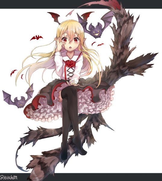 Anime picture 2499x2788 with shingeki no bahamut granblue fantasy vampy mugcup single long hair tall image looking at viewer fringe highres open mouth blonde hair hair between eyes red eyes sitting signed tail long sleeves pointy ears no shoes