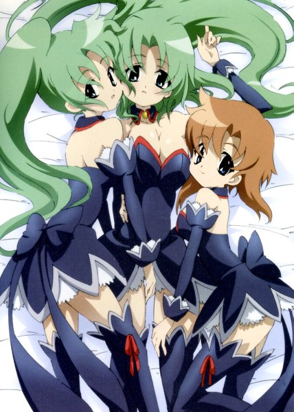 Anime picture 1069x1500 with higurashi no naku koro ni studio deen ryuuguu rena sonozaki mion sonozaki shion numata seiya long hair tall image fringe short hair breasts open mouth light erotic brown hair bare shoulders green eyes payot cleavage ponytail lying