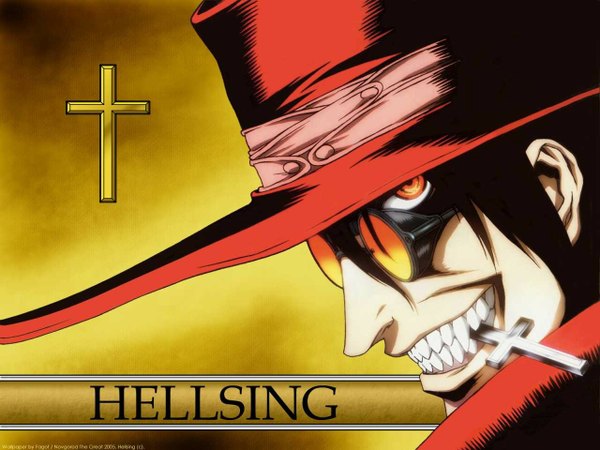Anime-Bild 1280x960 mit hellsing alucard (hellsing) black hair simple background smile red eyes signed teeth copyright name mouth hold third-party edit yellow background clenched teeth sharp teeth boy hat glasses cross