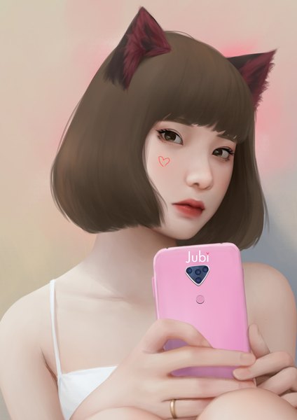 Anime picture 1190x1684 with original hana (jubi) jubi (regiana) single tall image looking at viewer short hair brown hair bare shoulders brown eyes signed animal ears cat ears realistic lipstick red lipstick self shot girl heart ring