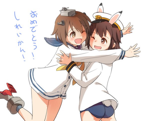 Anime picture 850x694 with kantai collection strike witches yukikaze destroyer female admiral (kantai collection) kisetsu blush fringe short hair open mouth light erotic simple background brown hair standing white background multiple girls brown eyes animal ears looking away bent knee (knees) ass