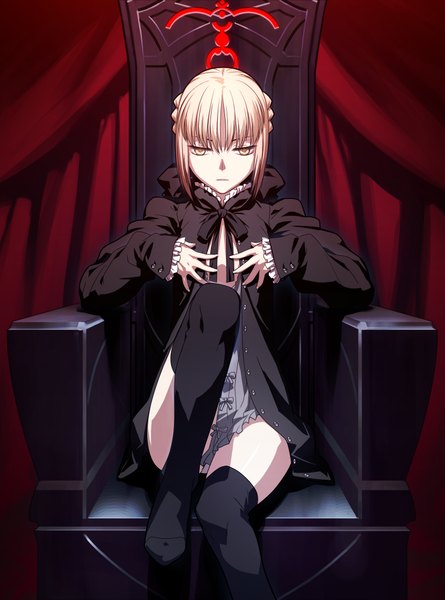 Anime picture 3169x4272 with fate (series) fate/stay night studio deen type-moon artoria pendragon (all) saber takeuchi takashi single tall image looking at viewer fringe highres short hair light erotic blonde hair hair between eyes sitting yellow eyes official art expressionless