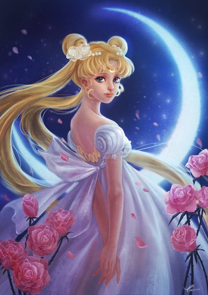 Anime picture 1024x1448 with bishoujo senshi sailor moon toei animation princess serenity yangtianli (artist) single long hair tall image looking at viewer blue eyes blonde hair twintails from behind night night sky back hands behind back crescent girl dress hair ornament