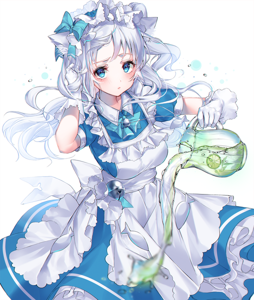 Anime picture 1500x1777 with original kinty single long hair tall image looking at viewer blush fringe blue eyes simple background standing white background holding animal ears silver hair blurry cat ears maid pouring girl