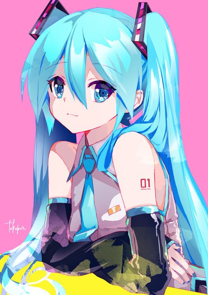 Anime picture 1000x1414 with vocaloid hatsune miku takepon1123 single long hair tall image looking at viewer fringe blue eyes simple background hair between eyes twintails blue hair upper body nail polish pink background girl detached sleeves necktie