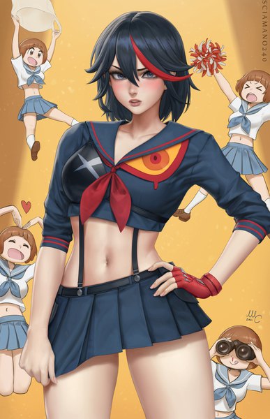 Anime picture 1933x3000 with kill la kill studio trigger matoi ryuuko mankanshoku mako sciamano240 tall image looking at viewer fringe highres short hair breasts open mouth blue eyes black hair simple background hair between eyes standing multiple girls signed eyes closed