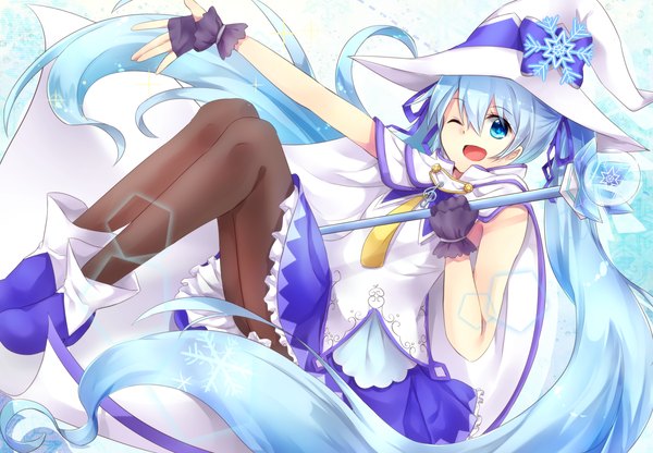 Anime picture 1556x1080 with vocaloid suki! yuki! maji magic (vocaloid) hatsune miku yuki miku yuki miku (2014) single looking at viewer open mouth blue eyes twintails blue hair very long hair one eye closed wink reclining weightlessness girl dress hat witch hat
