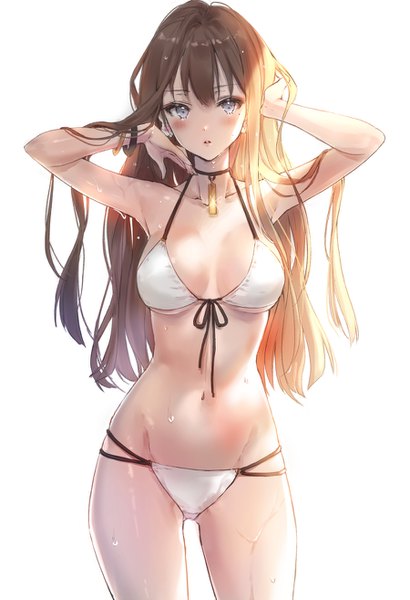 Anime picture 900x1314 with original tena single long hair tall image looking at viewer blush fringe breasts light erotic simple background brown hair standing white background cleavage parted lips sunlight mole arms up armpit (armpits)