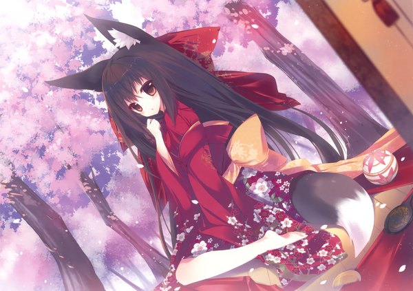 Anime picture 4604x3249 with original eshi 100-nin ten p19 single highres black hair red eyes animal ears absurdres very long hair traditional clothes japanese clothes animal tail barefoot cherry blossoms girl plant (plants) petals tree (trees) kimono