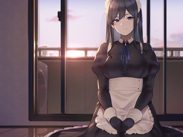 Anime picture 1176x882 with original hayabusa single long hair looking at viewer fringe breasts blue eyes black hair large breasts sitting payot sky cloud (clouds) indoors light smile mole maid puffy sleeves mole under eye