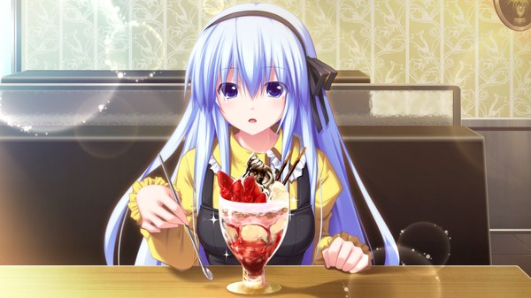 Anime picture 1024x576 with soukoku no arterial long hair blue eyes wide image blue hair game cg girl food hairband sweets ice cream parfait
