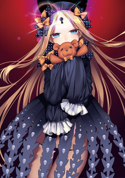 Anime picture 2480x3508 with fate (series) fate/grand order abigail williams (fate) may (2747513627) single long hair tall image looking at viewer highres blue eyes light erotic blonde hair long sleeves covered mouth skull print girl underwear panties bow hair bow