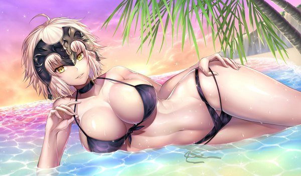 Anime picture 3400x2000 with fate (series) fate/grand order jeanne d'arc (fate) (all) jeanne d'arc alter (fate) nasaniliu single looking at viewer fringe highres short hair breasts light erotic hair between eyes wide image large breasts yellow eyes sky cleavage silver hair cloud (clouds)