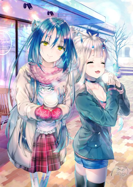 Anime picture 800x1122 with original tamaki mitsune long hair tall image looking at viewer fringe smile hair between eyes multiple girls yellow eyes blue hair silver hair blunt bangs eyes closed horn (horns) plaid skirt bare tree bone (bones) girl thighhighs