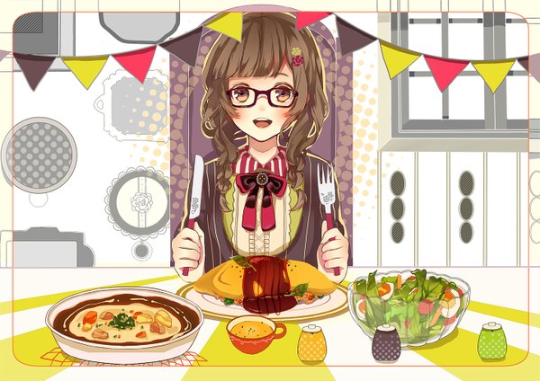 Anime picture 1433x1014 with original suono single long hair looking at viewer open mouth brown hair sitting brown eyes hair flower teeth happy girl hair ornament flower (flowers) food table cup knife teacup