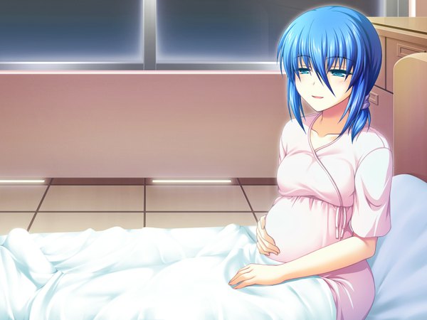 Anime picture 1600x1200 with fake azure arcology isana haruko asami asami single blush short hair smile blue hair game cg aqua eyes wallpaper sleepy pregnant girl window pillow bed pajamas blanket hospital