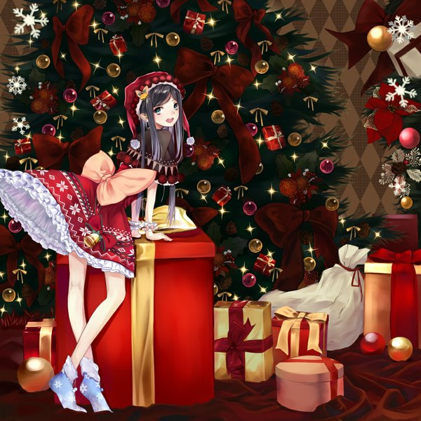 Anime picture 1000x1000 with original liv long hair looking at viewer open mouth black hair grey eyes christmas rhombus girl dress bow socks cape bell gift ball snowflake (snowflakes) christmas tree bauble