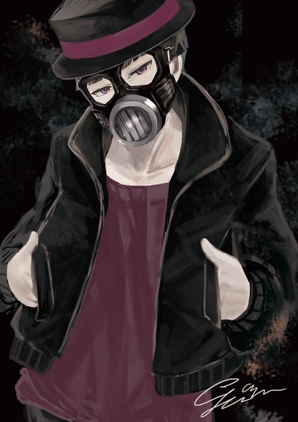 Anime picture 1000x1414 with osomatsu-san matsuno todomatsu ihciuy0211 single tall image short hair black hair signed upper body head tilt pink eyes open jacket black background hands in pockets boy hat jacket respirator