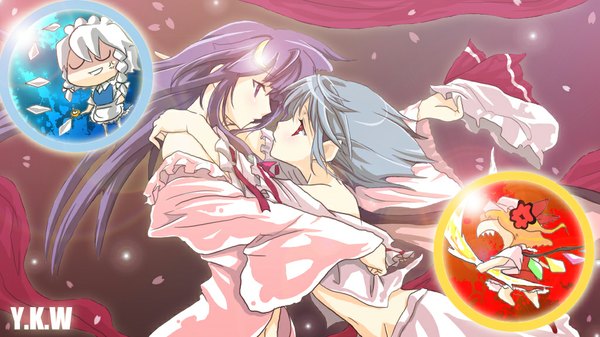 Anime picture 1024x576 with kannazuki no miko touhou flandre scarlet remilia scarlet izayoi sakuya patchouli knowledge wide image hug parody miko embrace girl