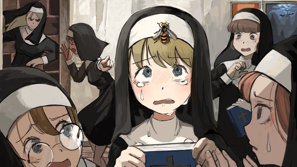 Anime picture 2048x1152 with little nuns (diva) protagonist nun (diva) scowly nun (diva) glasses nun (diva) gluttonous nun (diva) freckled nun (diva) diva (hyxpk) fringe highres short hair open mouth blue eyes blonde hair hair between eyes brown hair wide image standing multiple girls holding upper body