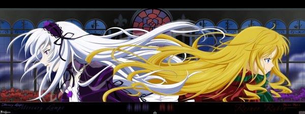 Anime picture 3200x1200 with rozen maiden suigintou shinku solwyvern long hair highres blue eyes blonde hair wide image purple eyes multiple girls white hair profile letterboxed vector third-party edit dualscreen girl dress flower (flowers)