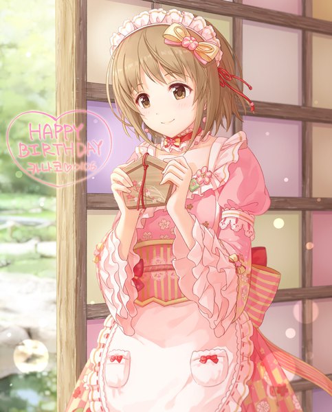 Anime picture 700x870 with idolmaster idolmaster cinderella girls idolmaster cinderella girls starlight stage mimura kanako moai (aoh) single tall image short hair smile brown hair standing holding brown eyes looking away happy birthday new year's coloring girl bow hair bow choker