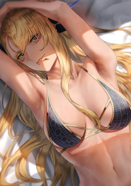 Anime picture 724x1023 with fate (series) fate/grand order vritra (fate) vritra (ocean flyer) (fate) mugetsu2501 single long hair tall image looking at viewer fringe breasts light erotic blonde hair green eyes upper body head tilt arm up armpit (armpits) fang (fangs) dutch angle