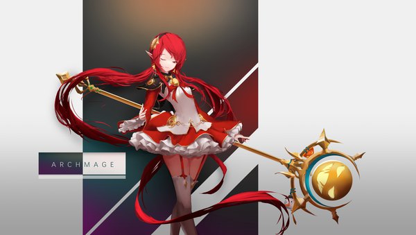 Anime picture 4536x2570 with dungeon and fighter storia1862 single fringe highres smile red eyes wide image twintails holding absurdres red hair very long hair one eye closed pointy ears wink low twintails girl dress weapon