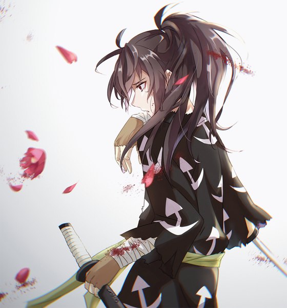 Anime picture 1000x1071 with dororo (tezuka) hyakkimaru (dororo) cookies (1503) single long hair tall image fringe open mouth black hair hair between eyes standing holding brown eyes signed ponytail traditional clothes japanese clothes profile floating hair torn clothes