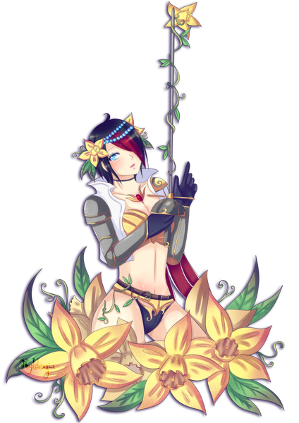 Anime picture 1600x2263 with league of legends fiora (league of legends) hyldenia single tall image looking at viewer blush fringe short hair blue eyes light erotic white background multicolored hair hair over one eye midriff girl epee