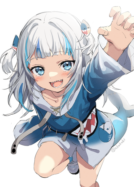 Anime picture 2646x3679 with virtual youtuber hololive hololive english gawr gura gawr gura (1st costume) akamoku single long hair tall image looking at viewer blush fringe highres open mouth blue eyes simple background smile standing white background signed