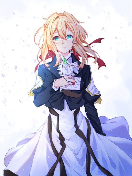 Anime picture 1000x1329 with violet evergarden kyoto animation violet evergarden (character) fu xiao single long hair tall image looking at viewer fringe blonde hair hair between eyes aqua eyes wind girl dress ribbon (ribbons) hair ribbon jacket brooch letter