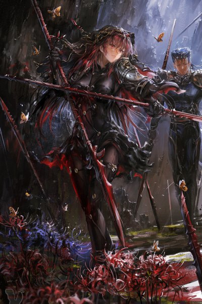 Anime picture 800x1200 with fate (series) fate/grand order fate/stay night scathach (fate) (all) scathach (fate) cu chulainn (fate) cu chulainn (fate/stay night) stu dts long hair tall image fringe short hair breasts smile red eyes holding blue hair looking away red hair dual wielding