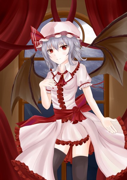 Anime picture 1400x1974 with touhou remilia scarlet hiro0626 single tall image looking at viewer short hair red eyes silver hair girl thighhighs dress black thighhighs wings bonnet