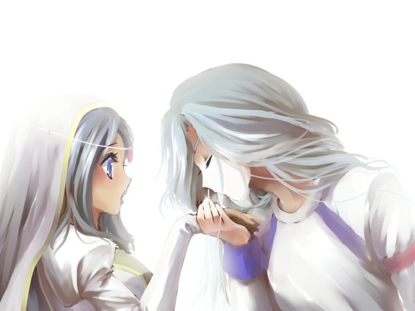 Anime picture 1024x768 with inazuma eleven valtinas edgar urabe rika ra-do short hair blue eyes simple background white background eyes closed profile grey hair couple holding hands girl boy