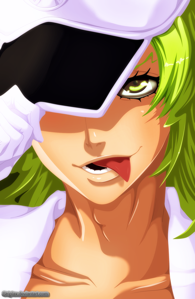 Anime picture 1000x1527 with bleach studio pierrot candice catnipp striplax single long hair tall image looking at viewer open mouth green eyes signed green hair teeth coloring portrait girl tongue peaked cap