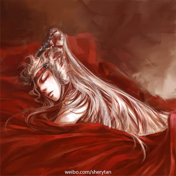 Anime picture 1067x1067 with original sherytan single long hair white hair eyes closed inscription sleeping red background boy hair ornament