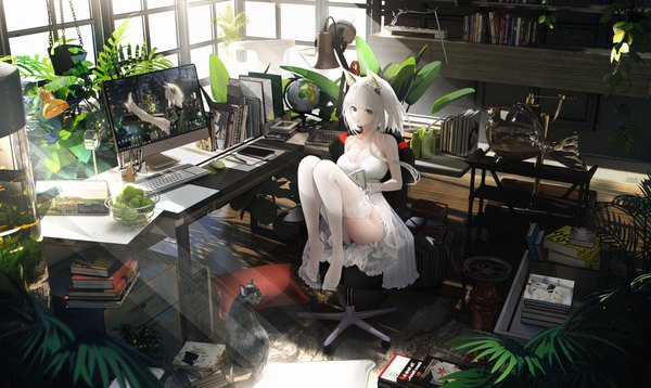 Anime picture 6200x3697 with arknights kal'tsit (arknights) omone hokoma agm single looking at viewer fringe highres short hair breasts light erotic wide image large breasts sitting holding green eyes signed animal ears absurdres cleavage full body